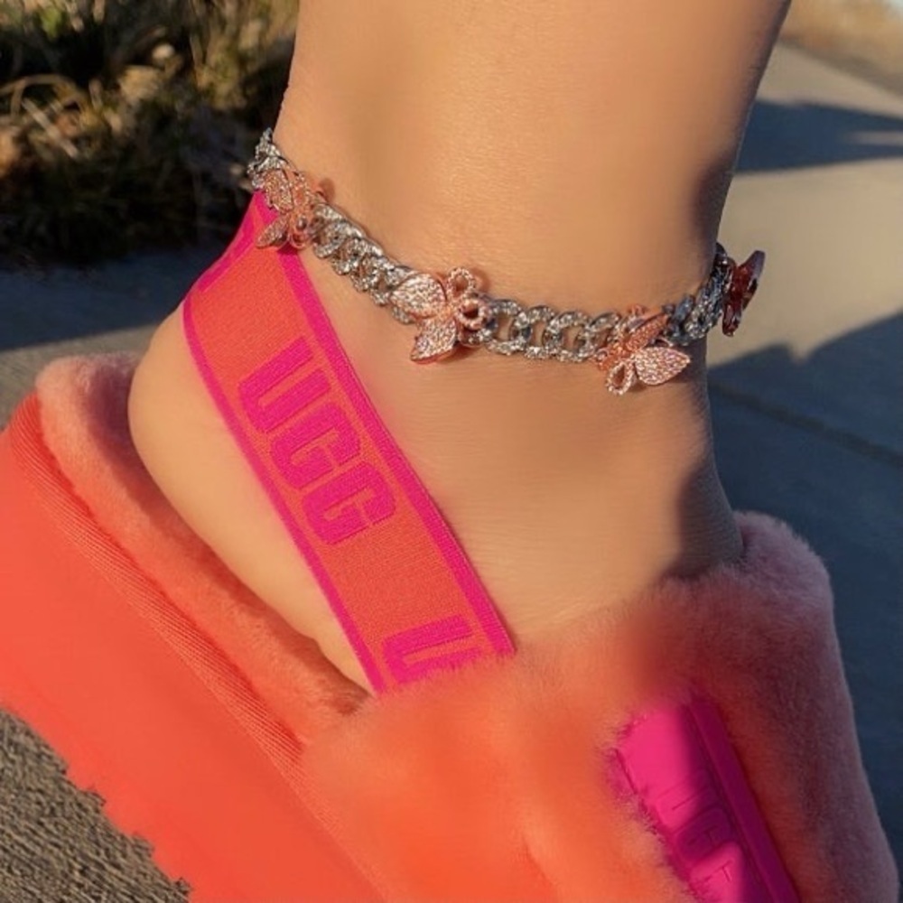 Pink and Silver Butterfly Anklet 9 inch